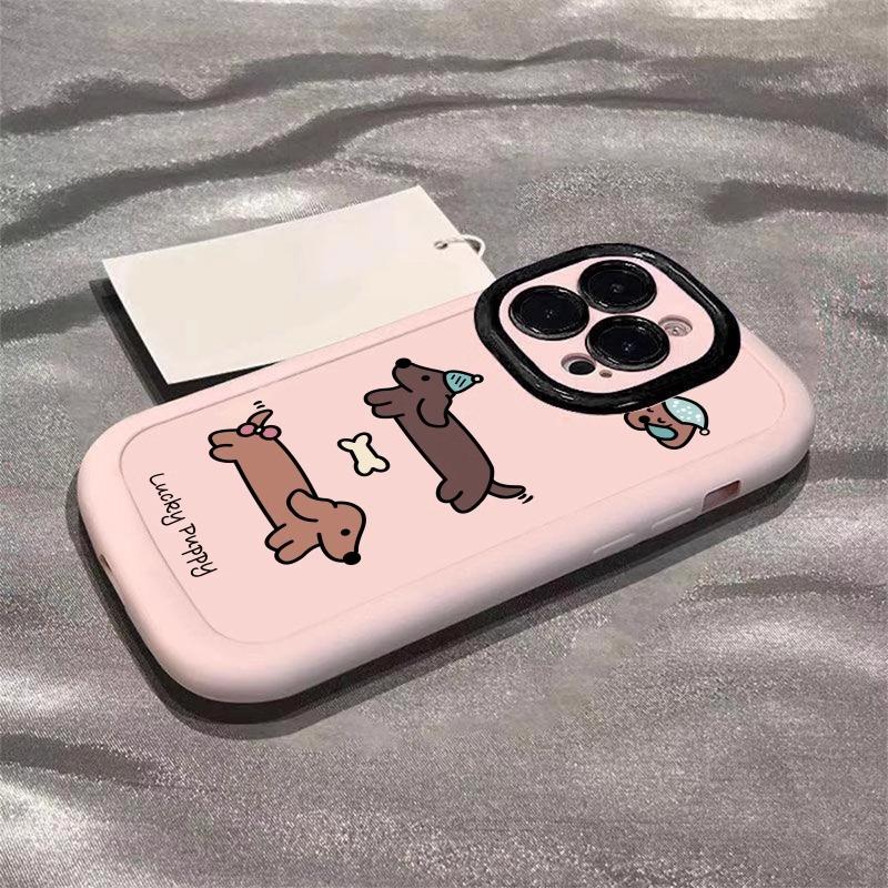 For Apple 16promax Mobile Phone Case Pink Dachshund Painting for IPhone15plus Puff 14/13