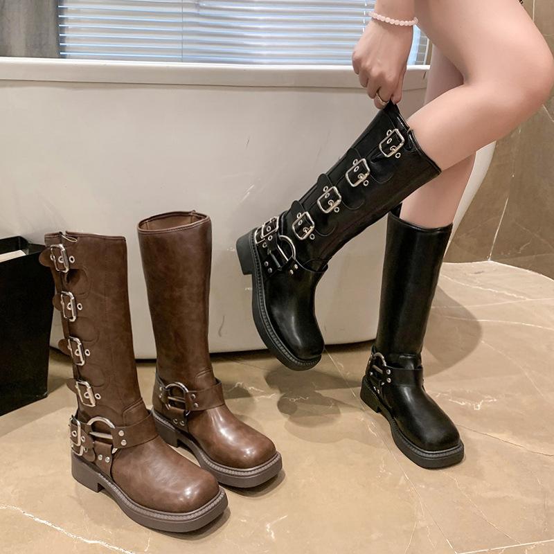 Brown Martin Boots Women's 2025 New Women's Shoes Retro Women's Knee Boots Cowboy Western Boots Knight Boots