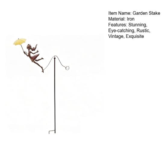 Rustic Metal Girl Balance Garden Stake Vintage Kinetic Balancing Sculpture Yard Art with Umbrella for Outdoor Park Lawn Patio Decor