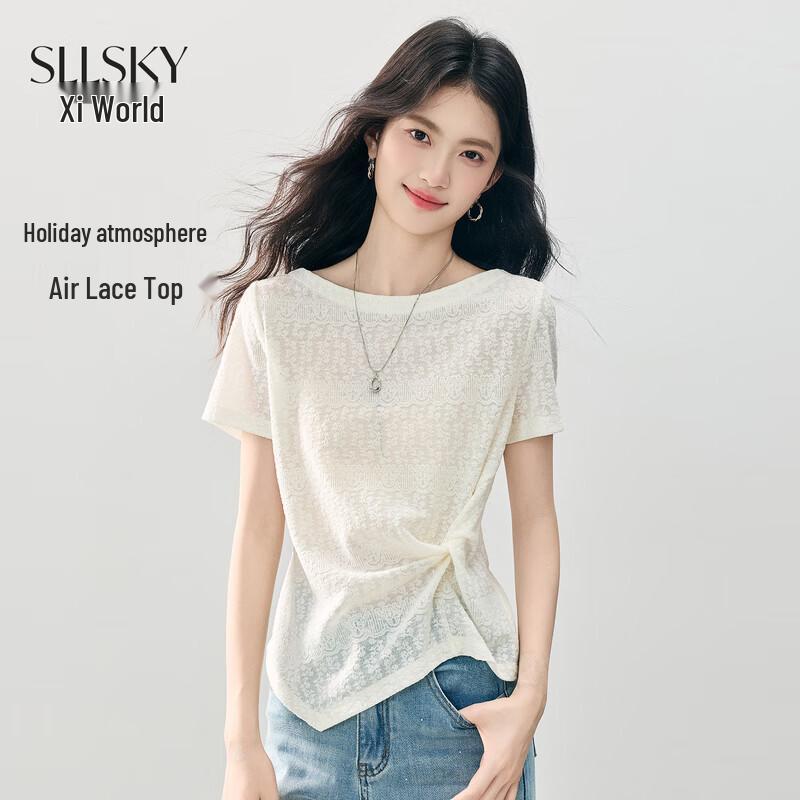 Women s Elegant Off-Shoulder Twist Knot Lace Short Sleeve Top S