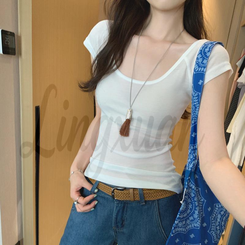 Korean Style U-Neck Slim Fit Cinched Waist T-Shirt – Summer 2026 Women s Versatile Top Small