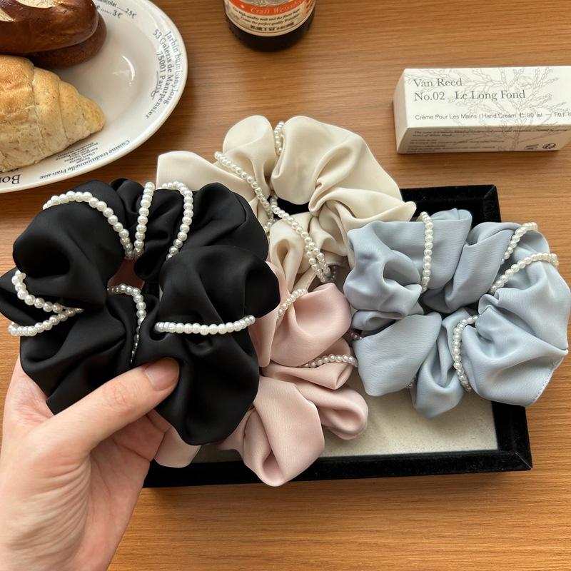 Sweet Pearl Satin Scrunchie For Women Black Silk Hair Bands Girls Big Elastic Hair Tie Ponytail Holder Hair Rope Headdress