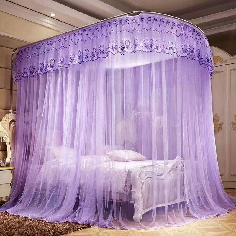 Palace Style Floor-Standing U-Shaped Double Bed Mosquito Net, Retractable with Three Doors, Dense Mesh, Sturdy Stainless Steel Support.
