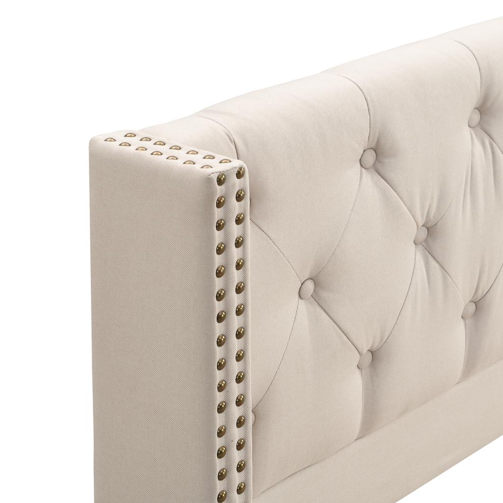 Upholstered Bed 180*200cm with Slatted Frame and Headboard, Button Tufting, Stud Upholstery, Wooden Legs, Linen, Beige