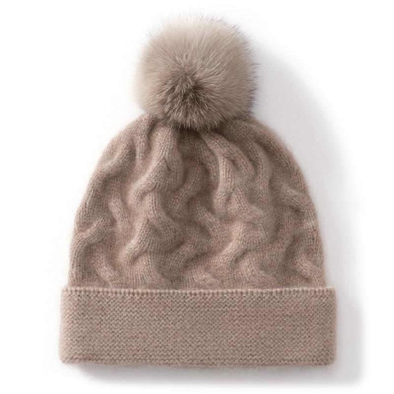 Women's 100% Pure Cashmere Cable Knit Pom-Pom Hat with Ear Protection - Stylish and Warm Head Wrap