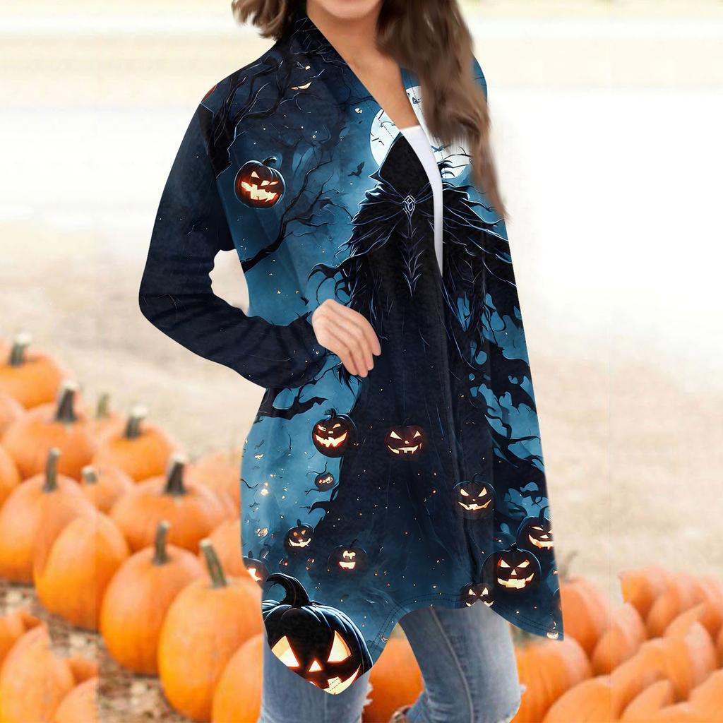 Women's Fashion Casual Halloween Print Medium Length Cardigan Jacket Coat