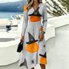 Women's Halloween Print V-Neck Long Sleeve Dress with Pockets for Casual Everyday Wear