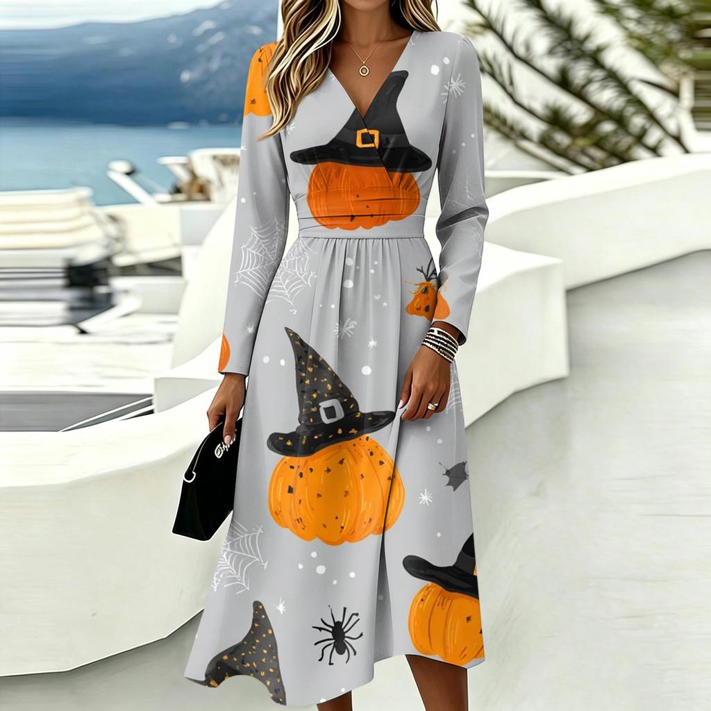 Women's Halloween Print V-Neck Long Sleeve Dress with Pockets for Casual Everyday Wear