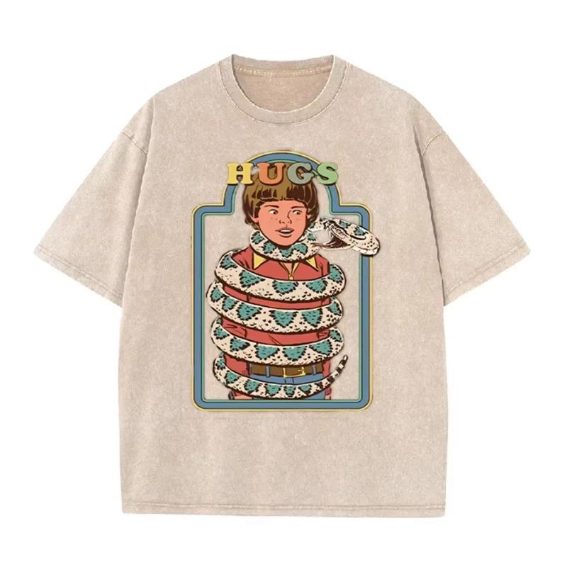 Vintage "Hugs" Snake Boy Print Washed Brown Retro Funny Casual T Shirt