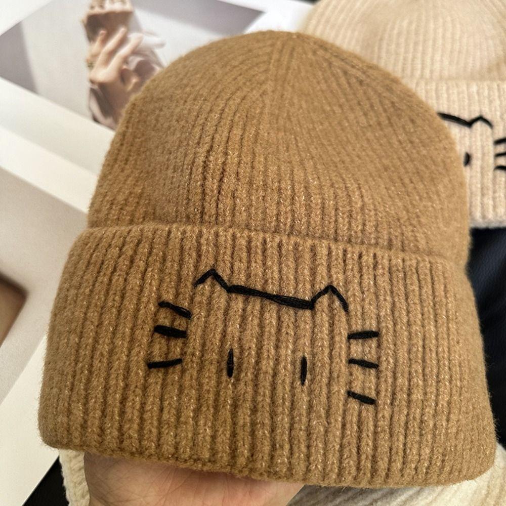Embroidered Kitten Cute Cat Knitted Hat Wool Printing Knit Cap Casual Knit Beanies  Autumn