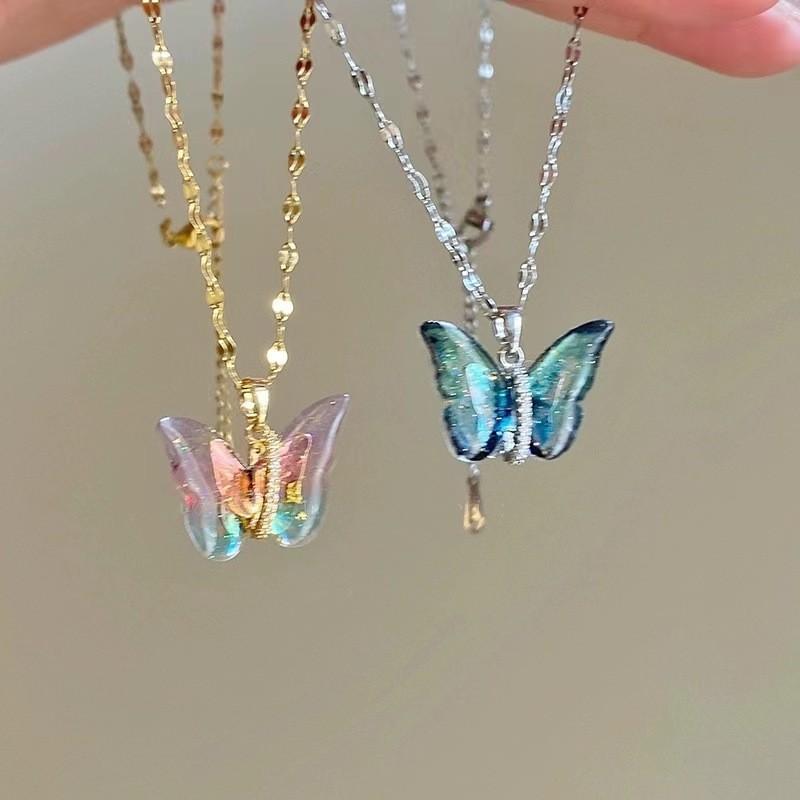 Trendige Titanstahl Schloss Halsband Kette mit buntem Schmetterling Anhänger