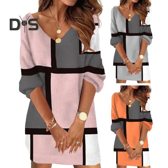 Women Autumn Winter Casual Dress V Neck Long Sleeve Geometric Contrast Color Print Oversized Vacation Dress Streetwear