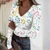 Women's Casual V-Neck Floral Print Long Sleeve Ribbed Top for Everyday Wear