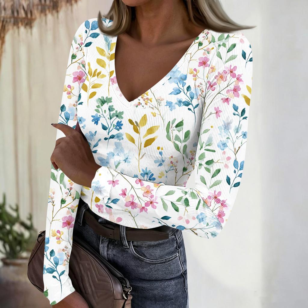 Women's Casual V-Neck Floral Print Long Sleeve Ribbed Top for Everyday Wear