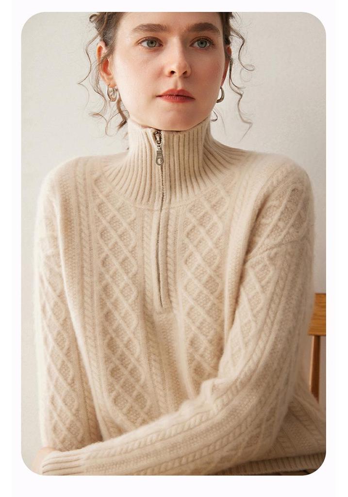 2025 Autumn/Winter Blue Slimming Cable Knit Cashmere Sweater with Lapel and Half-Zip