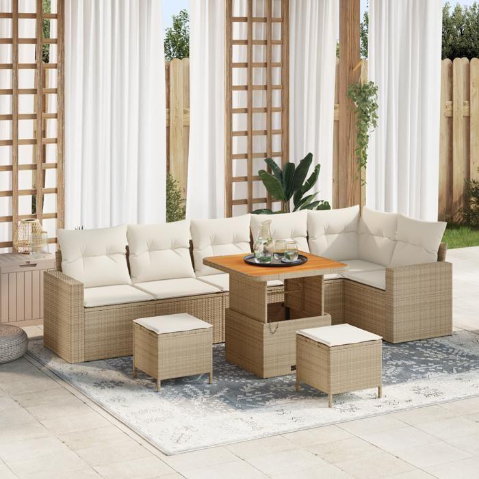 Ensemble de canapés de jardin 9 pièces avec coussins Beige Poly Rotin Acacia, Ensemble de salle à manger jardin 3 pièces 3361631