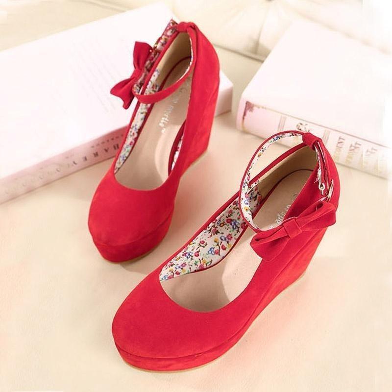 Elegant And Trendy New Fashion Women's Bow Tie Ankle Heel Platform Wedge Shoes