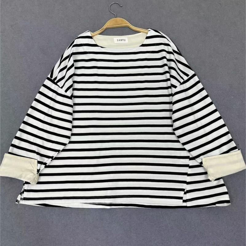 Johnature Japanese Casual Style Round Neck Striped Cotton Horizontal Loose T-shirt Women Patchwork Long-sleeved Tops