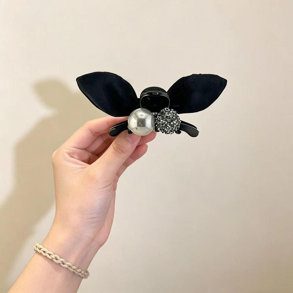 Elegant Black Lace Rhinestone Bunny Ear Bow Hair Clip - Small, Versatile, Korean Style