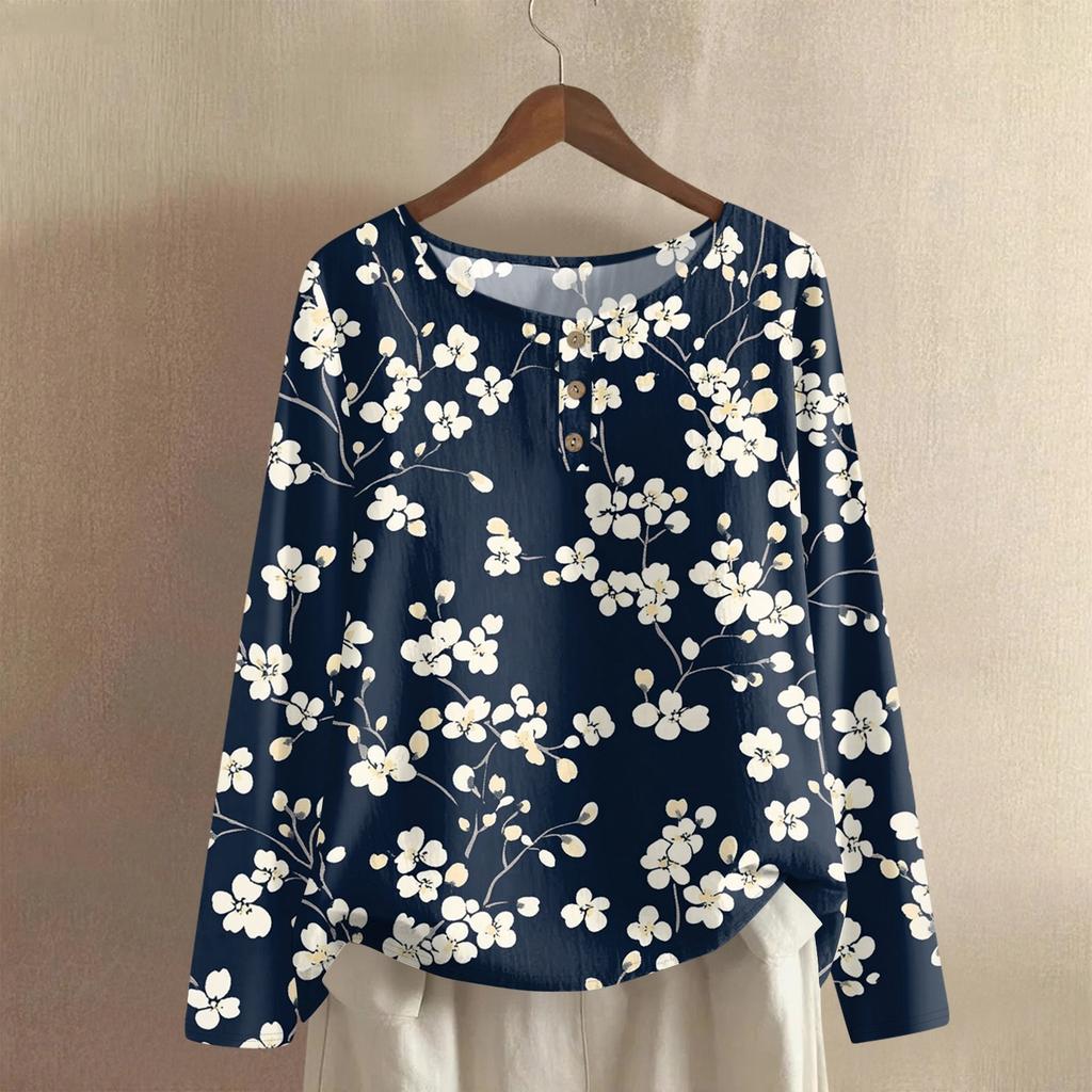 Women's Fashionable And Casual Shirt Long Sleeve Round Neck Solid-color Cotton And Linen Blouse Top