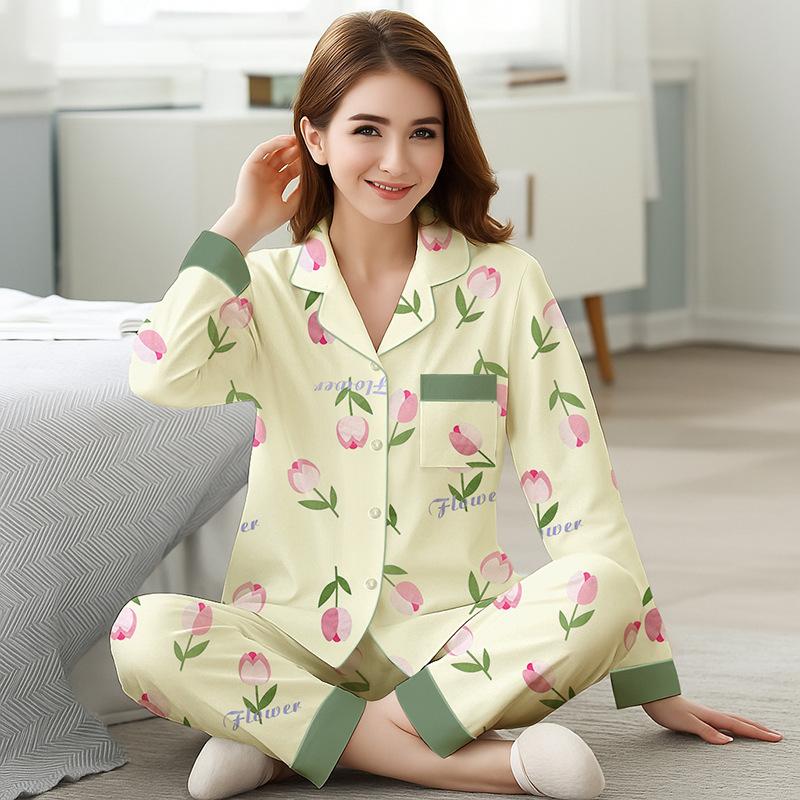 Baumwollimitat Pyjama Damen Frühling und Herbst Damen Mutter Herbst Übergröße Loungewear Langarm Hosen Set