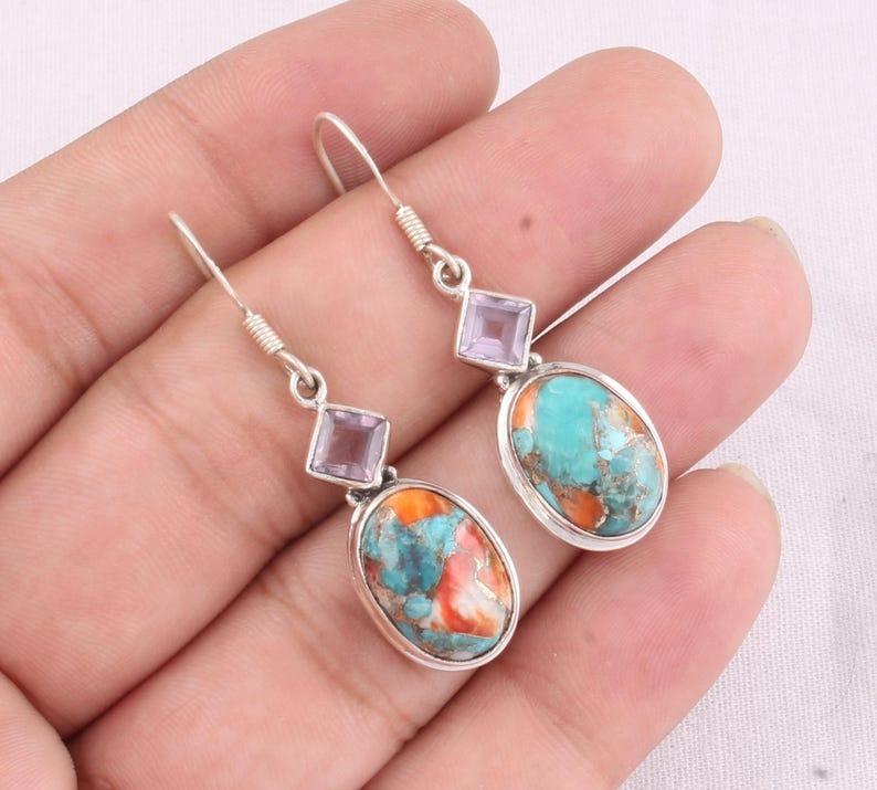 Solid 925 Sterling Silver Oyster Copper Turquoise Amethyst Gemstone Earrings Women Earrings Gift For Her