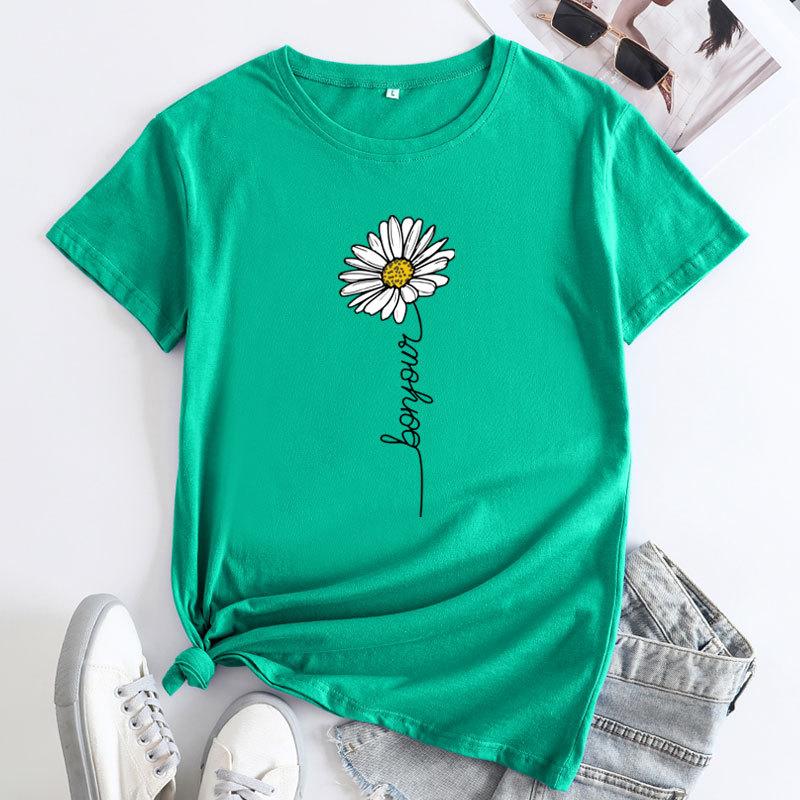 Summer Round Neck Daisy Pattern Printed Top Fashionable Casual Short Sleeved Women's Pure Cotton T-shirts