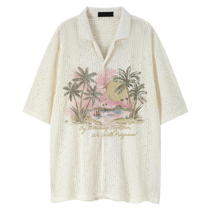 American retro hollow woven Cuban collar shirt men s summer lazy wind seaside sunset couple short-sleeved shirt S абрикосовый