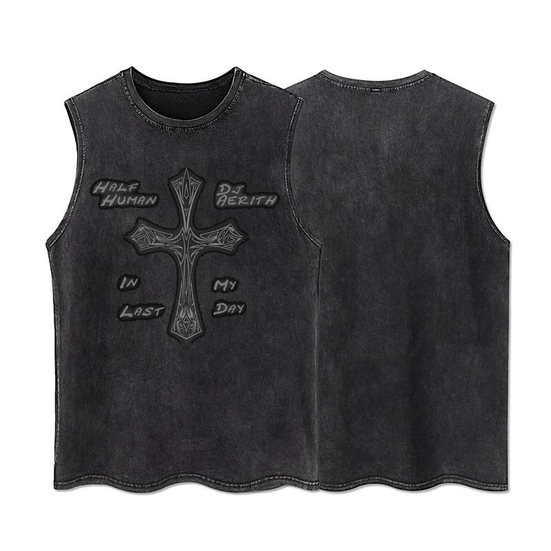 

High Street Vintage Washed Gothic Vest Death God Print Sleeveless T-shirt Mens Womens Loose Sports Fitness Tank Tops 3XL