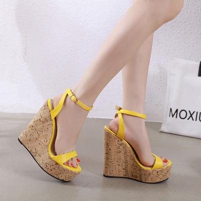 Modne sandały na koturnie FHC 15CM, Damskie buty na platformie letnie, Pasek z klamrą na kostkę, Styl europejski, Otwarty czubek, 35-40 Dostępne, Żółte,