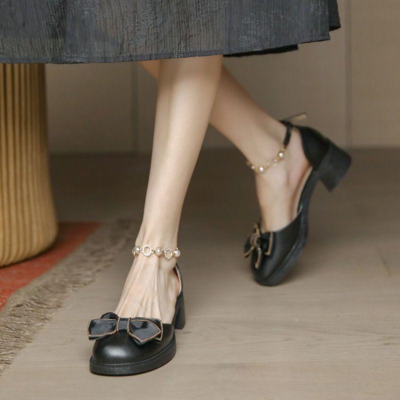 

Fashion Ladies Shoes Block Heel Bow Round Toe Tip Women s Closed Sandals Summer 2025 Comfortable Comfort Anti Slip Hot Luxury Elegant 35