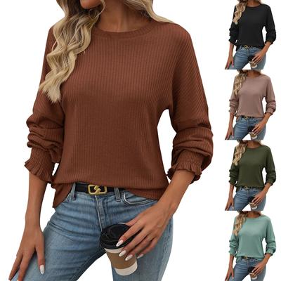 Women's Fashionable Solid Color  Round Neck Long Sleeved Loose T-shirt Top