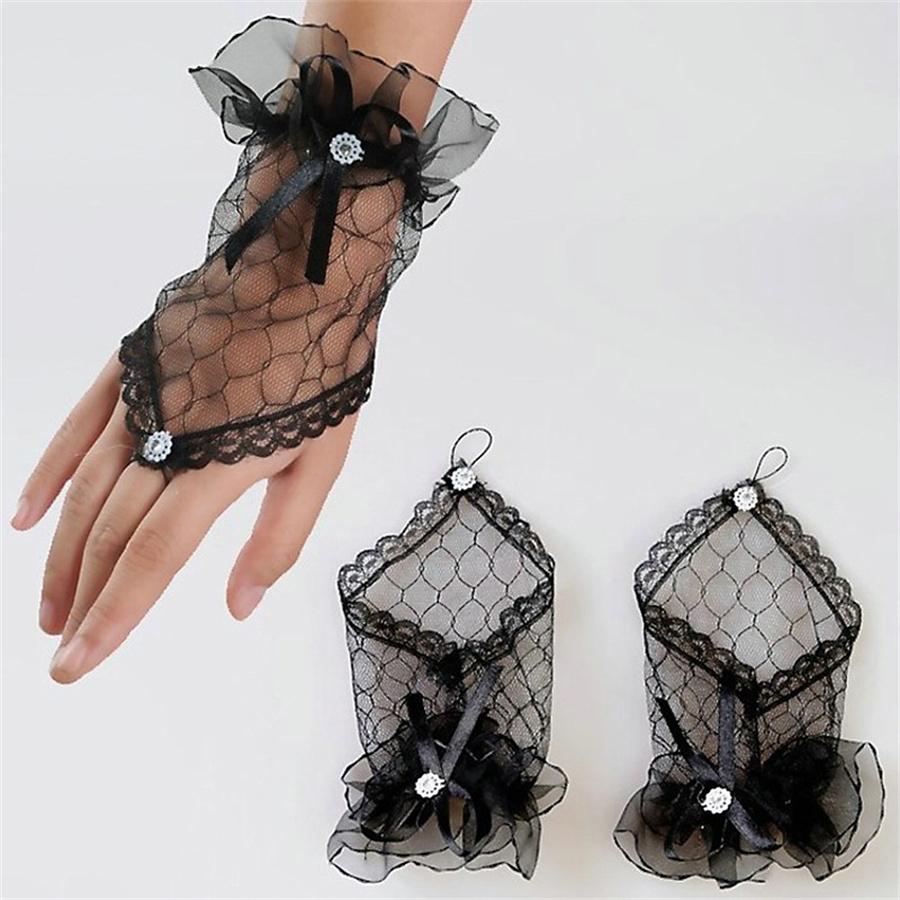 Elegant Short Lace Gloves with Bow, Fingerless Gloves for Wedding, Party & Cosplay L