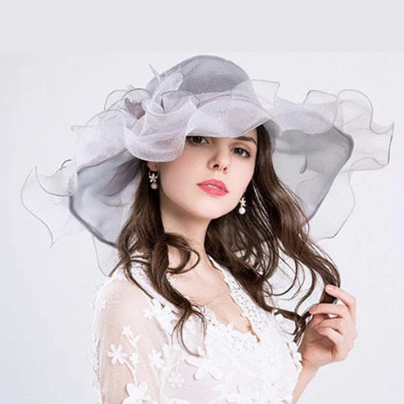 Zealous Sole Women's Coffee Sheer Organza Wedding Hat With Wide Brim & Veil - Elegant Kentucky Derby Church Hat For Bride, Mother Of Groom, Formal P 54-58Cm