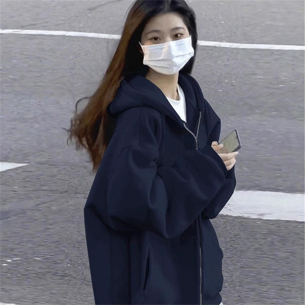 Women's Hood Collar Long Sleeve Zip Up Hoodie Loose Fit Minimalist Sweatshirt Jacket
