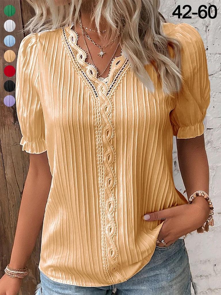 Women's Hollow Out Short Sleeve Blouse Lightweight Breathable Top Casual Summer Shirt with V Neck and Puff Sleeves Suitable for Daily Wear