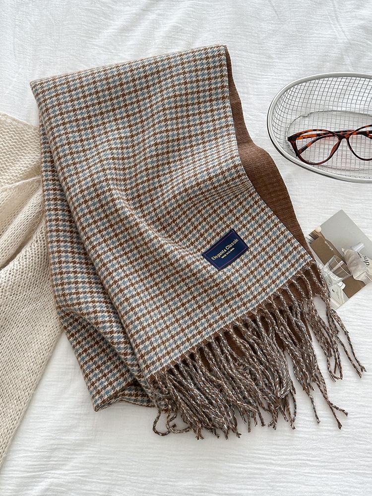 Women'S Imitation Cashmere Retro Houndstooth Knit Scarf Headscarf Casual Tassel Scarve Ladies Mujer Wrap Shawl Winter New Korean