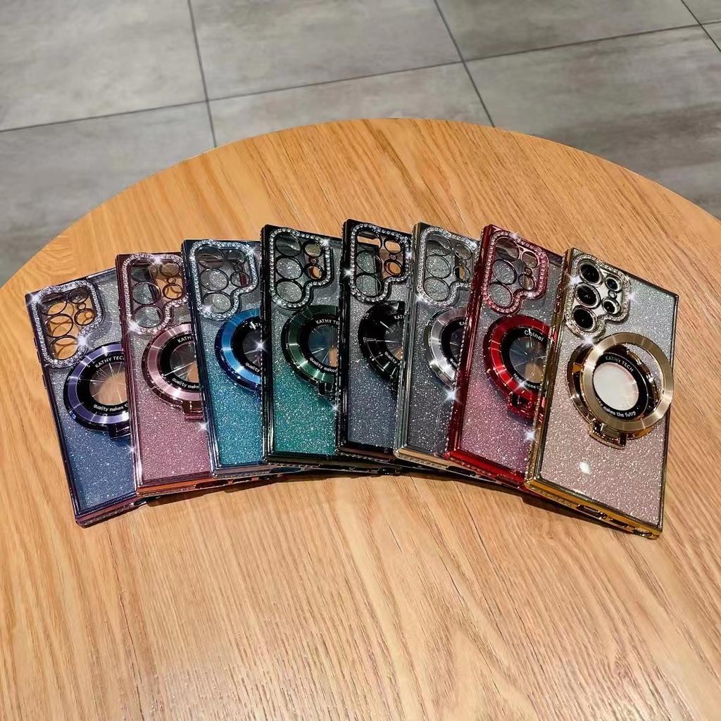 Suitable for Samsung S25 Ultra Mobile Phone Case Flash Powder Gradient Electroplated Rhinestone Magnetic Suction Bracket S24 Anti Fall A56