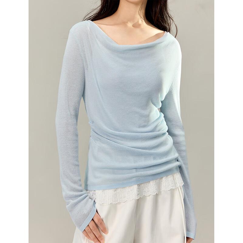 INMAN Lace Patchwork Drape Neck Long Sleeve Knit Top