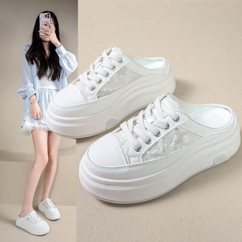 Lace sequined mesh breathable half slippers women's thick sole heightening soft baseplate shoes summer new shoes women's shoes