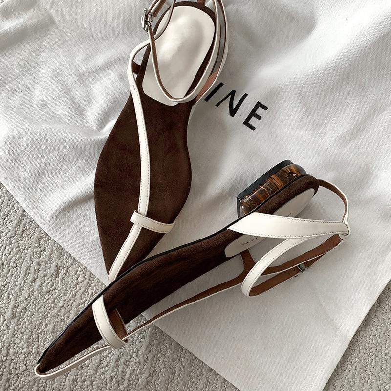 Leather French Niche Premium Sense Pointed Head Leaf Set Toe Sandals Women's Summer Vacation Low Heel Flat Heel Strap Sandals