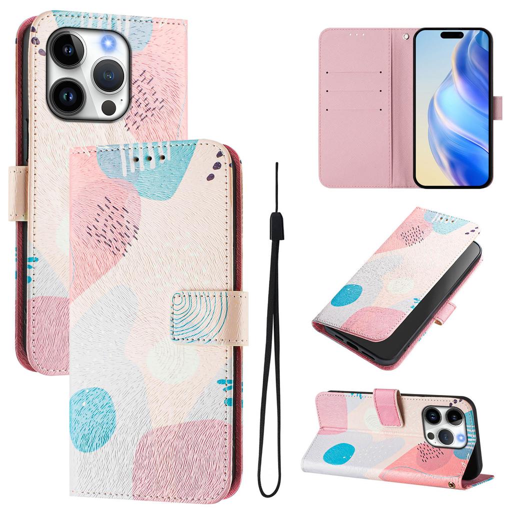 For iPhone 16 Pro Case Pattern Printing Wallet Phone Cover with Strap
