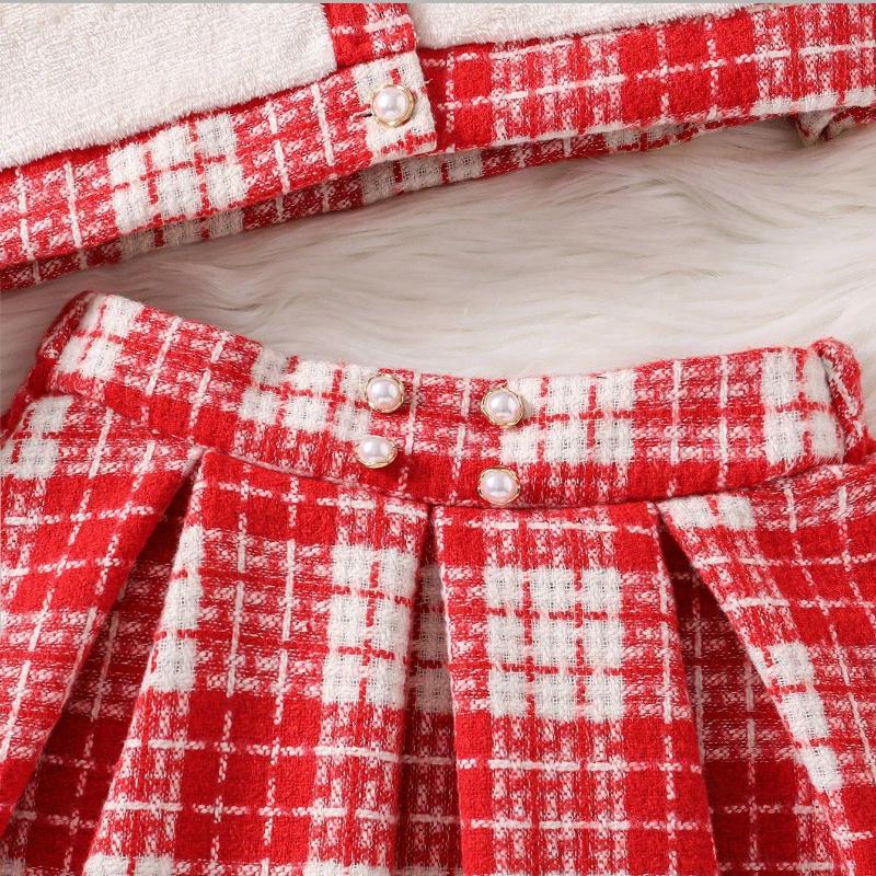 Süßes Mädchen-Set: Herbst Kinder Mode Roter Karorock & Florale Kurzarmjacke Zweiteiliges Set