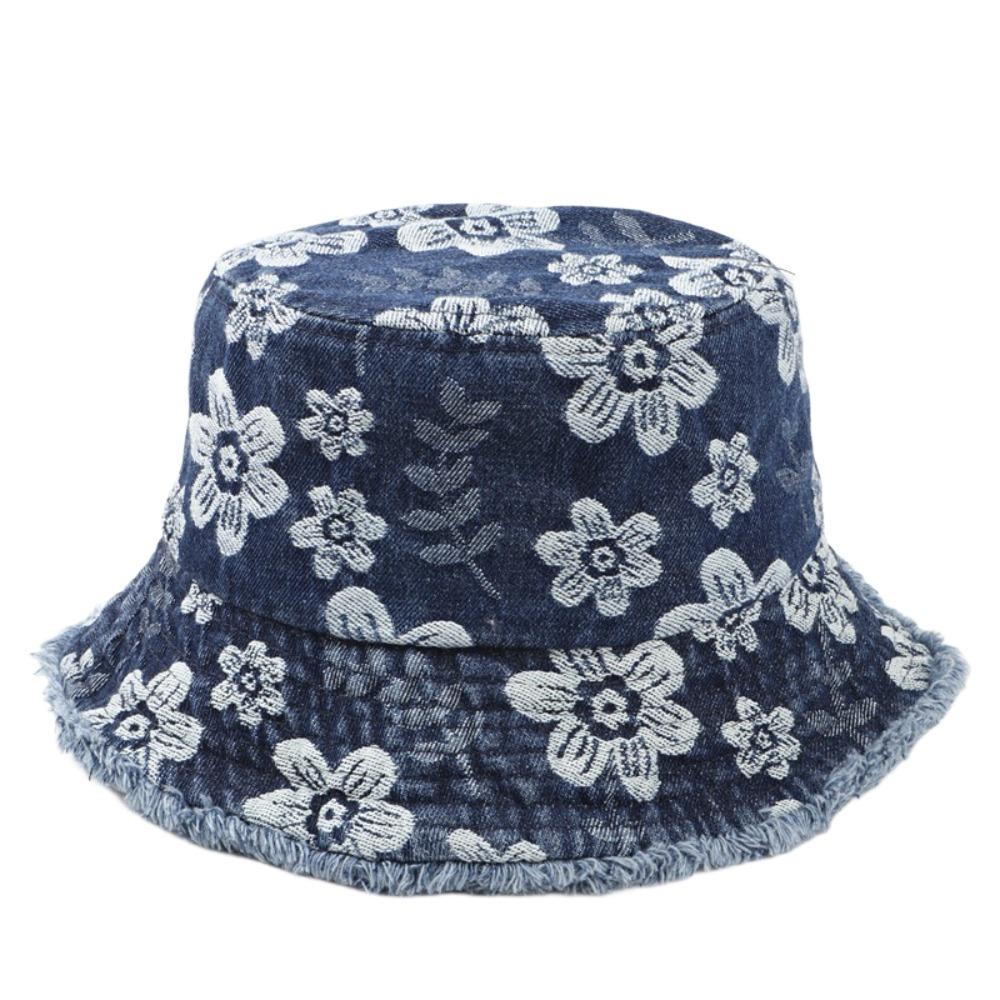 Flower Embroidered Denim Fisherman Hat Frayed Brim Sunscreen Sun Cap Cowboy Bucket Hats  Travel