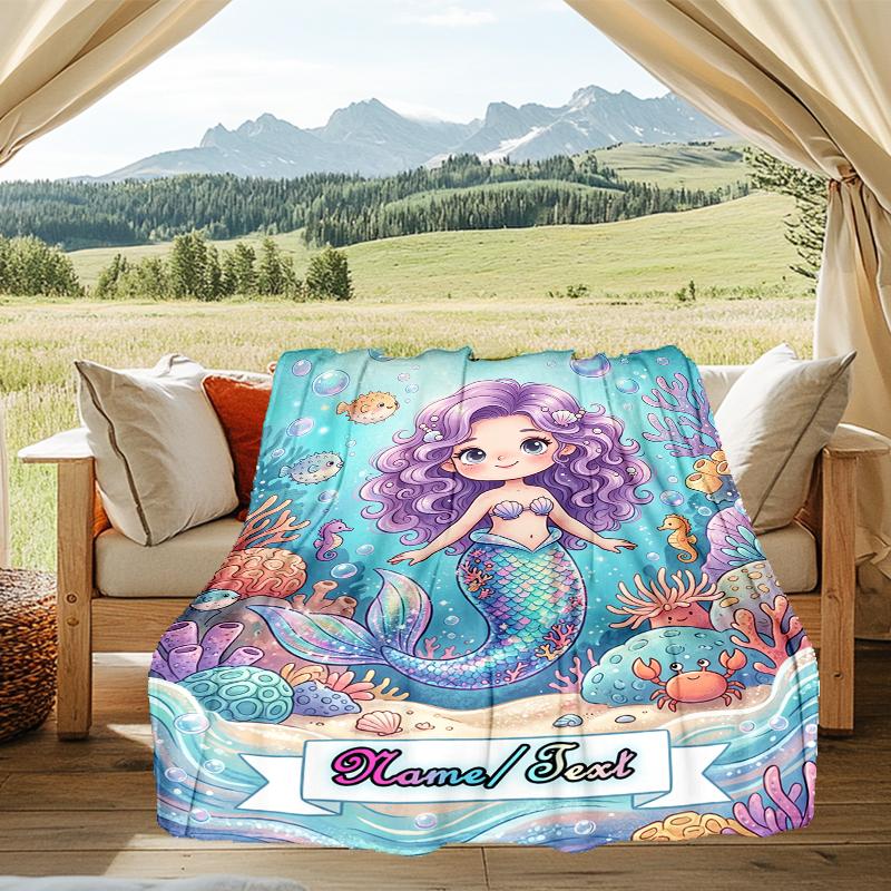 1PC Custom Name Mermaid Underwater Fantasy World outdooor Flannel blankets Throw Blanket All-Season Throw Gift Bedspread for Couch, Bed, Camping Holid