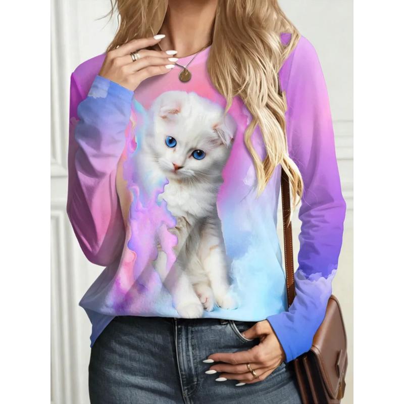 Fashion Women's Crew Neck Long Sleeve 3D Casual Color Printing Casual Short Sleeve Crew Neck T-Shirt