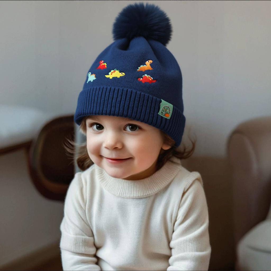 Cartoon Dinosaurier Bestickte Strickmütze für Jungen und Mädchen, mit dickem Samt und warmer Wollgarnmütze