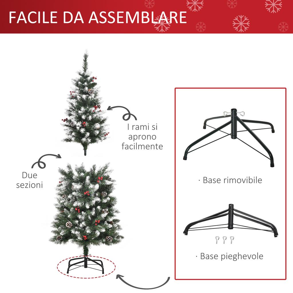 150cm Artificial Snow-Covered Christmas Tree with Red Berries and White Pine Cones, Removable Folding Base, 408 Branches