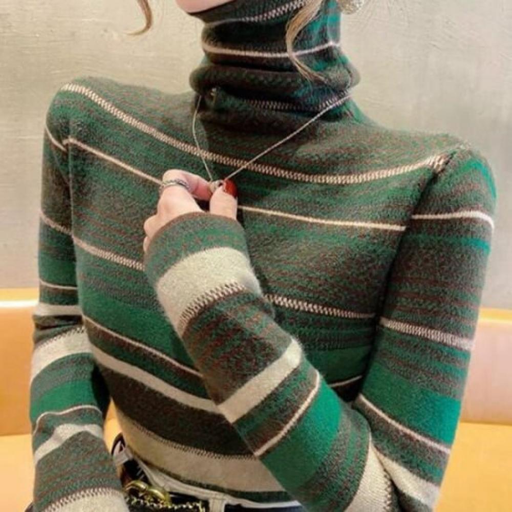 Navava Mock Neck Long Sleeve Knit Top Retro Stripe Pattern Nk2690