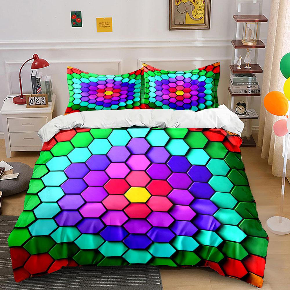 3Pcs Rainbow Hexagon Bedding Set, Geometric Honeycomb Print Duvet Cover + 2 Pillowcases, Colorful Decor